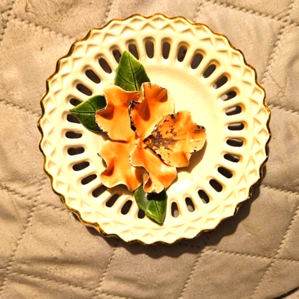 Lefton Cream Plate with Peach and Green Floral Design Handpainted Numbered